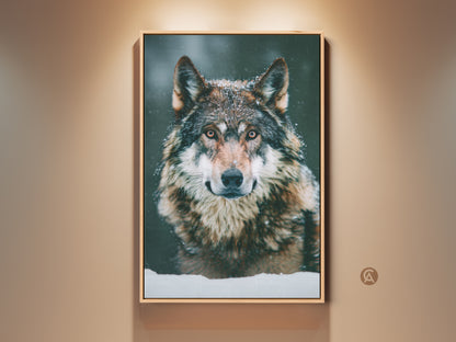 Rustic wolf wall art on display. This photorealistic wolf artwork captures a snowy forest scene. The cozy home accent features a brown frame. It enhances cabin lodge wall decor. This wildlife decor brings nature indoors. The framed canvas adds rustic charm.