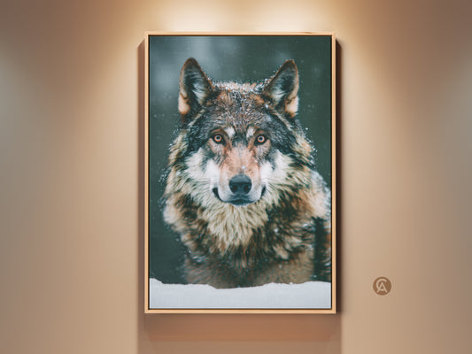 Rustic wolf wall art on display. This photorealistic wolf artwork captures a snowy forest scene. The cozy home accent features a brown frame. It enhances cabin lodge wall decor. This wildlife decor brings nature indoors. The framed canvas adds rustic charm.