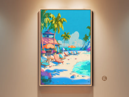 Framed beach artwork. A tropical beach scene with palm trees chairs and umbrellas. This vibrant art print brings a serene island vibe to any room. Perfect for coastal decor lovers seeking a tranquil escape.