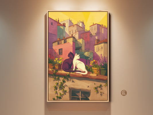 Charming cat couple art print featuring a black and white cat. They sit on a ledge overlooking a colorful cityscape. This wall decor has yellow orange and purple tones. It is a perfect gift for cat lovers.