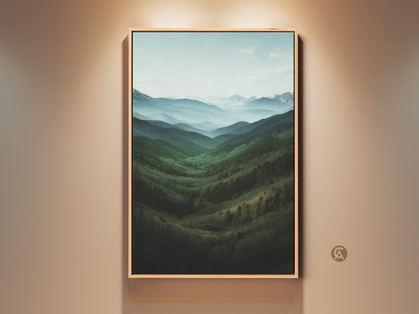 Framed forest green mountain landscape art for modern farmhouse decor. This canvas print features a misty blue valley view. A tranquil outdoor wall hanging for residential living rooms.