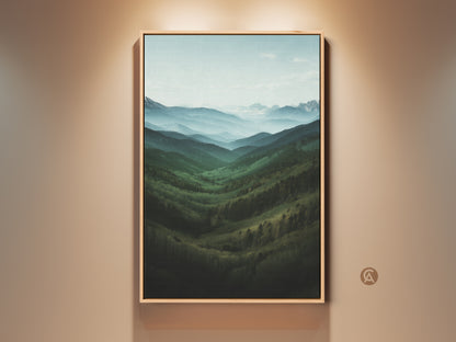 Framed forest green mountain landscape art for modern farmhouse decor. This canvas print features a misty blue valley view. A tranquil outdoor wall hanging for residential living rooms.