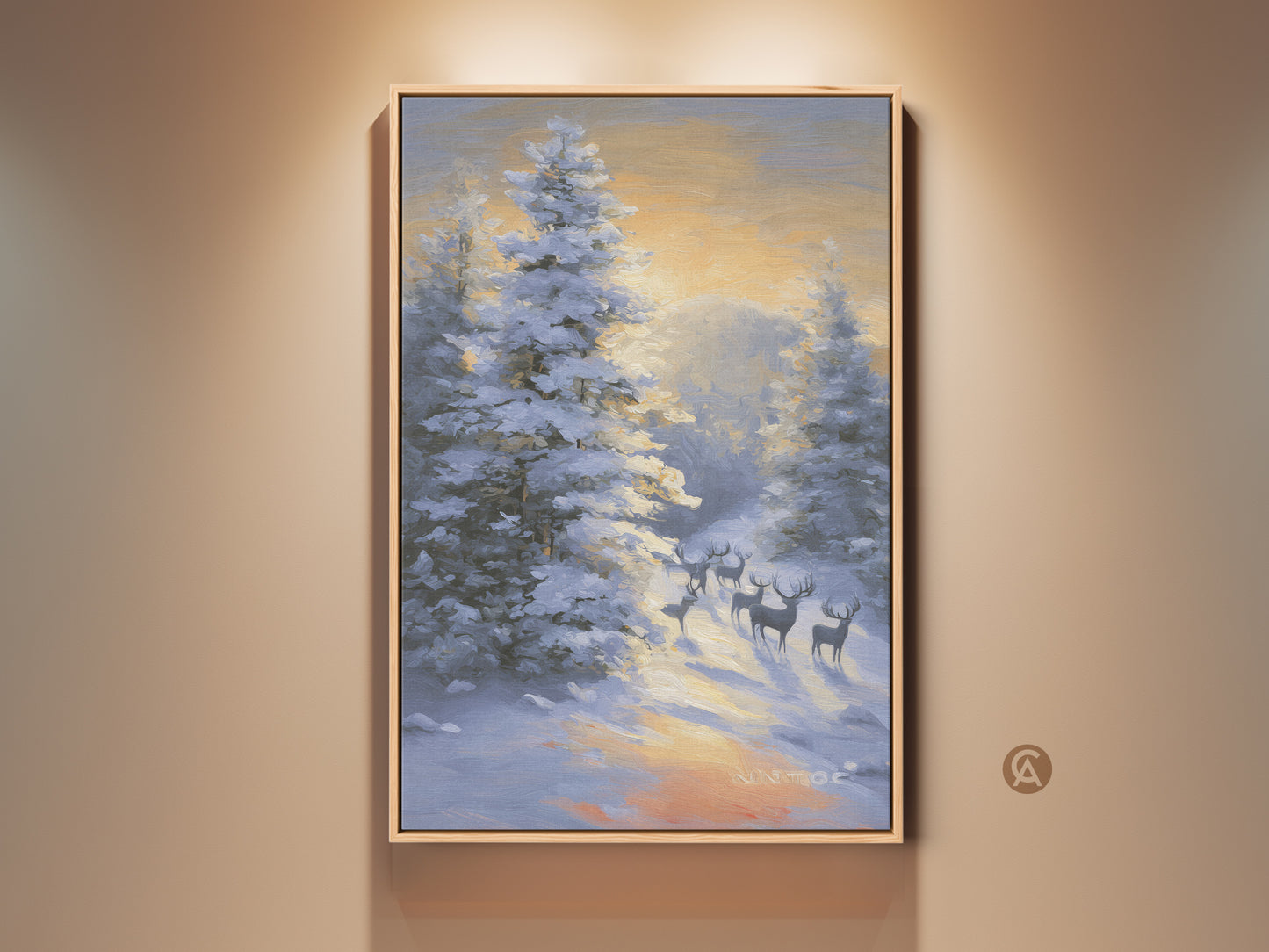 Rustic winter deer canvas art. This snowy forest landscape painting features impressionistic wildlife wall decor. The nature art print is perfect for a bedroom. The warm yellow and orange hues in the sky contrast beautifully with the cool blues and whites of the snow