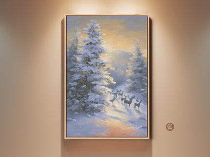 Rustic winter deer canvas art. This snowy forest landscape painting features impressionistic wildlife wall decor. The nature art print is perfect for a bedroom. The warm yellow and orange hues in the sky contrast beautifully with the cool blues and whites of the snow
