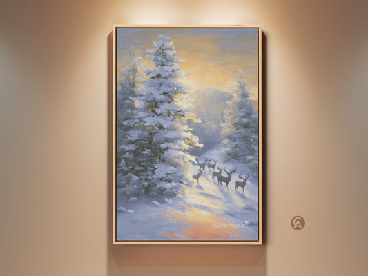 Rustic winter deer canvas art. This snowy forest landscape painting features impressionistic wildlife wall decor. The nature art print is perfect for a bedroom. The warm yellow and orange hues in the sky contrast beautifully with the cool blues and whites of the snow