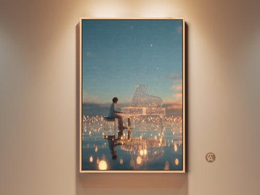 Framed artwork of a pianist playing a crystal grand piano on a reflective surface. The artwork has a calming blue sky backdrop. Perfect for music lovers seeking elegant wall decor. Enhance your space with this captivating fine art print.
