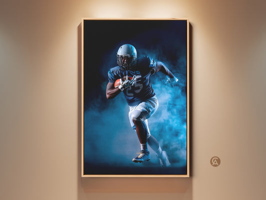 Framed football player wall art adds dynamic sports decor to an office or man cave. The navy and white action sports canvas print is a motivational piece. It's a perfect birthday gift for sports enthusiasts. The art enhances any modern space with its navy blue accents.