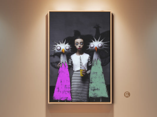 Surreal girl and monster art print framed on a wall. This dark fantasy artwork features an eclectic pink green and black color palette. It's bizarre character artwork that makes a unique Halloween gift and alternative home decor.