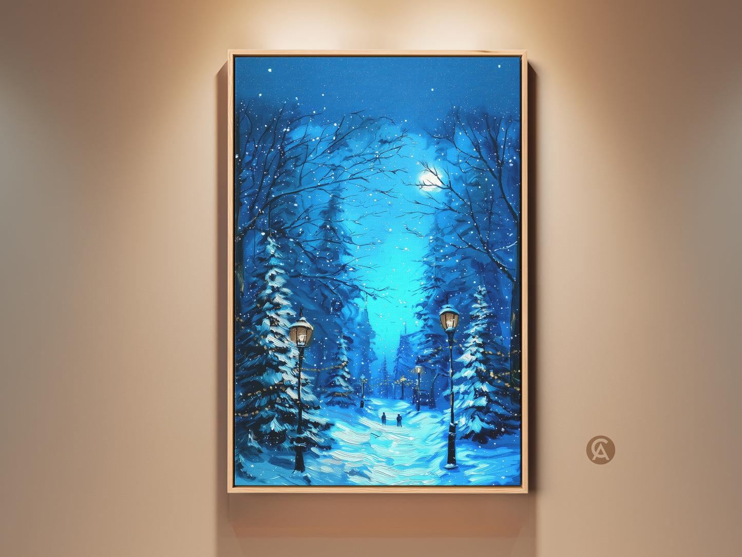 Deep blue snowy forest canvas art creating a cozy Christmas decor. The moonlit winter landscape features charming street lamps. It's a perfect gift for winter lovers. This winter wonderland art brings a festive and traditional touch to residential wall art. The blue night sky art captures an impressionistic landscape. It's ideal for seasonal wall decor
