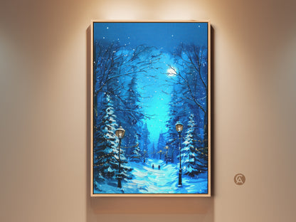 Deep blue snowy forest canvas art creating a cozy Christmas decor. The moonlit winter landscape features charming street lamps. It's a perfect gift for winter lovers. This winter wonderland art brings a festive and traditional touch to residential wall art. The blue night sky art captures an impressionistic landscape. It's ideal for seasonal wall decor