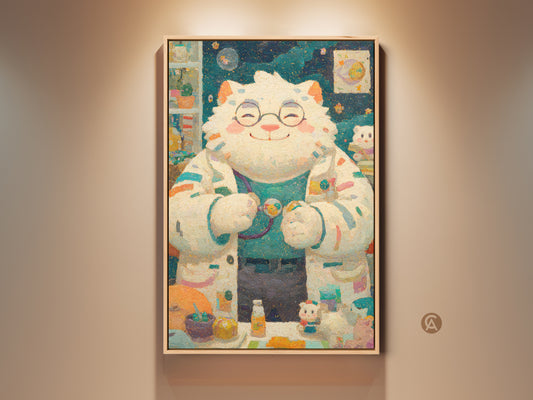 A charming framed artwork displays a fluffy cat doctor. The feline figure wears glasses and a lab coat with a stethoscope. Enhance your space with this whimsical art print. Perfect for kids rooms or a playful touch.
