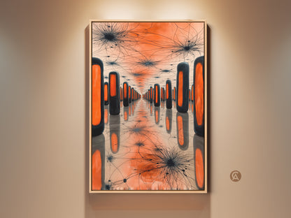 Framed geometric surreal art print in a modern room setting. It features repeating orange rectangles and spiky forms. This abstract artwork brings contemporary sophistication to modern spaces and housewarming decor.