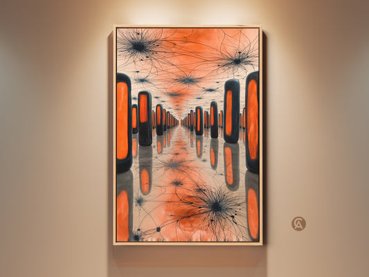 Framed geometric surreal art print in a modern room setting. It features repeating orange rectangles and spiky forms. This abstract artwork brings contemporary sophistication to modern spaces and housewarming decor.