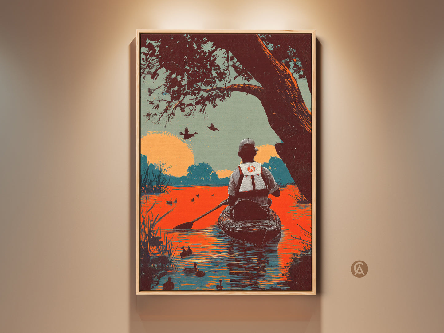 Vintage-style artwork of a duck hunter in a canoe. This canvas art features a rustic orange teal color palette. It shows a tranquil outdoor scene great as nature-inspired wall decor. A perfect retro poster gift for dad or any outdoorsman.