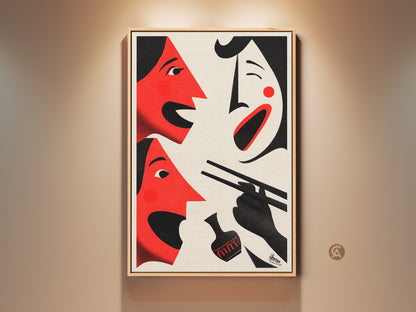 Gallery display of striking red abstract face art. This modern figurative artwork features a palette of cream black and red. The dining room canvas adds an eclectic cultural touch. It's an ideal housewarming gift. Shop this unique abstract kitchen art print now. Perfect as a bold face poster or art home decor.