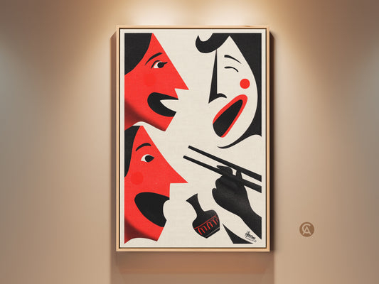 Gallery display of striking red abstract face art. This modern figurative artwork features a palette of cream black and red. The dining room canvas adds an eclectic cultural touch. It's an ideal housewarming gift. Shop this unique abstract kitchen art print now. Perfect as a bold face poster or art home decor.