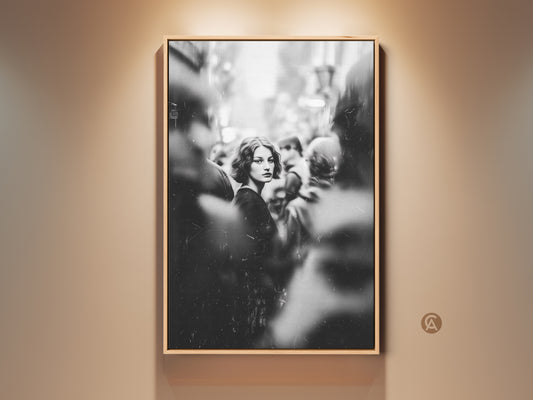Vintage monochrome woman portrait art print in a oak frame. This black and white fashion artwork adds contemporary style to your home decor. A perfect gift for her. The art captures a moment of introspection within an urban setting. It is a versatile piece that adds a touch of elegance to any room.
