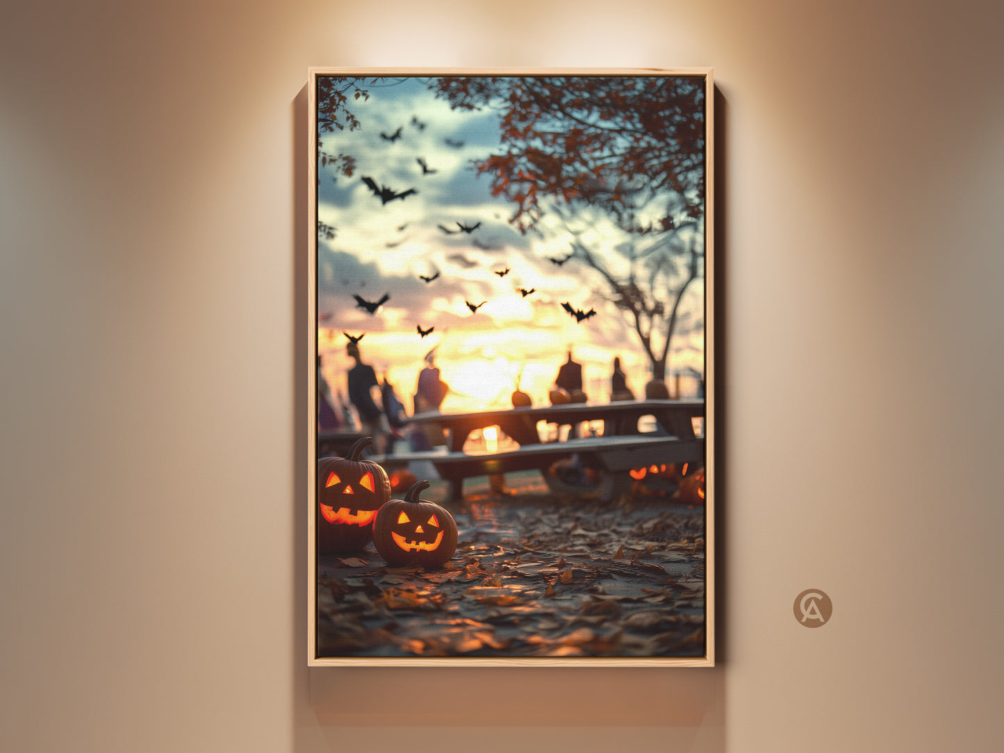 Autumn Sunset Halloween canvas artwork. Spooky jack-o'-lanterns glow warmly. Silhouetted figures gather as bats fly against a gold sunset. A perfect fall wall hanging. It's an ideal gift for Halloween lovers. Bring spooky charm to any space with this eclectic home decor art.