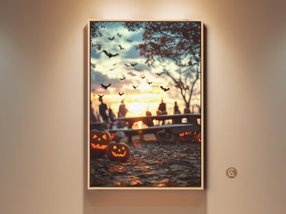 Autumn Sunset Halloween canvas artwork. Spooky jack-o'-lanterns glow warmly. Silhouetted figures gather as bats fly against a gold sunset. A perfect fall wall hanging. It's an ideal gift for Halloween lovers. Bring spooky charm to any space with this eclectic home decor art.
