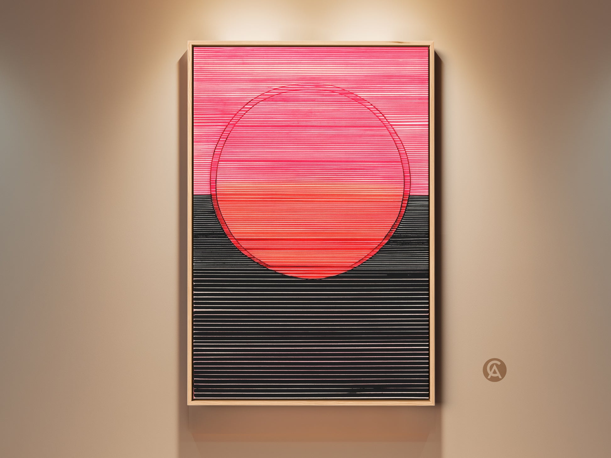 Modern abstract canvas artwork features geometric lines and a circle. The color palette includes hot pink coral and black. This minimalist wall decor print is perfect for a bedroom or office.