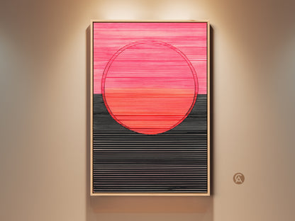 Modern abstract canvas artwork features geometric lines and a circle. The color palette includes hot pink coral and black. This minimalist wall decor print is perfect for a bedroom or office.