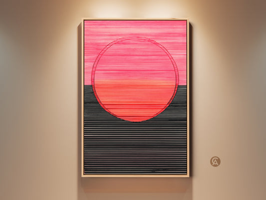 Modern abstract canvas artwork features geometric lines and a circle. The color palette includes hot pink coral and black. This minimalist wall decor print is perfect for a bedroom or office.