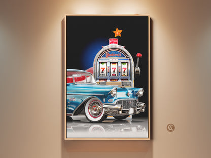 Retro vibes meet automotive charm in this mid-century modern art print. A teal classic car shines beside a vintage slot machine. This artwork is ideal for a man cave or garage. It's a perfect Father's Day gift for car enthusiasts. This canvas print adds a pop of Americana to any room.
