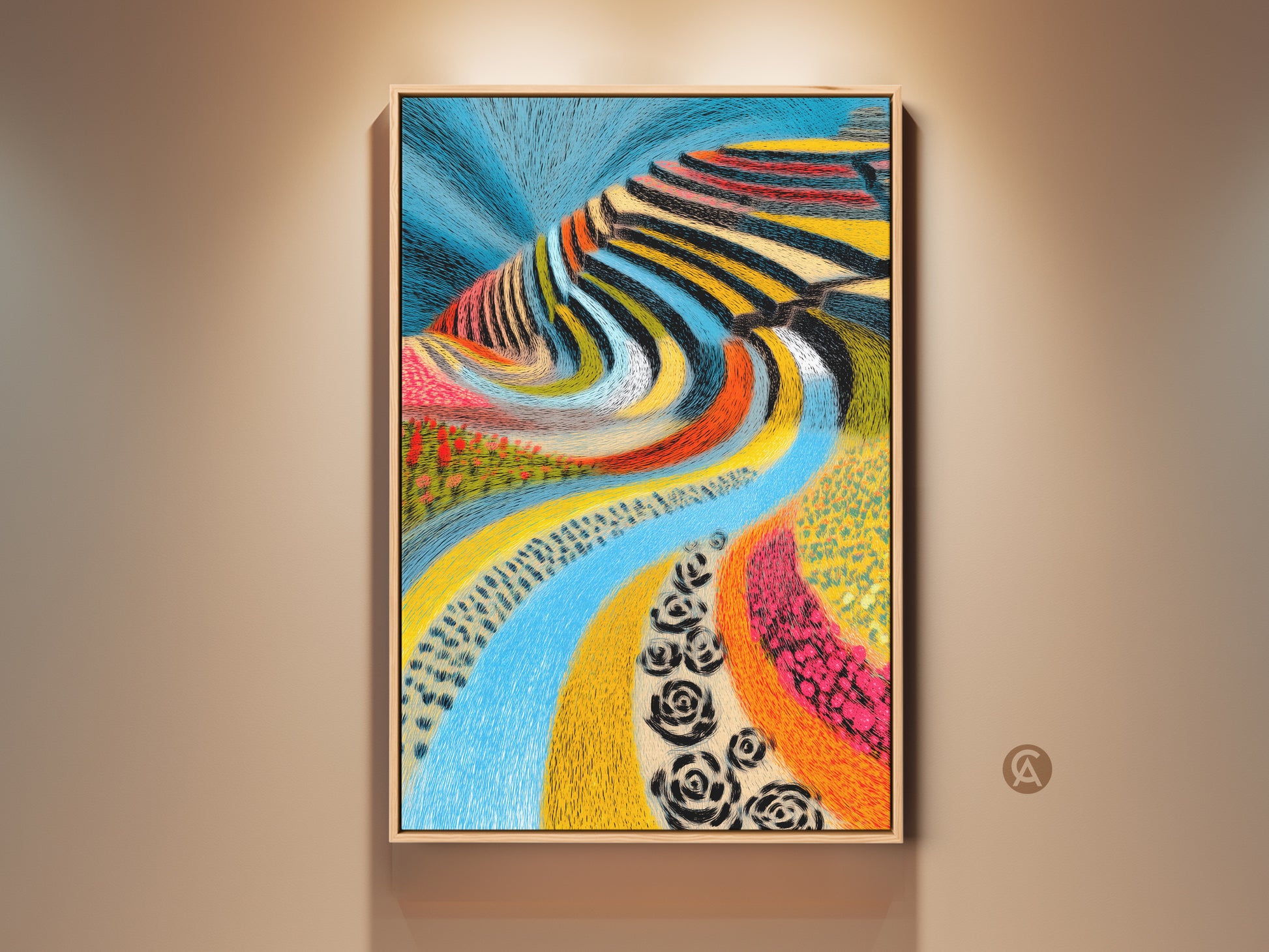 Framed folk art landscape canvas print. This abstract blue river artwork has a colorful and eclectic style. It makes a unique housewarming gift. The art enhances home decor. This piece features terraced fields art. Consider it for dining room or office decor.