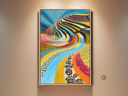 Framed folk art landscape canvas print. This abstract blue river artwork has a colorful and eclectic style. It makes a unique housewarming gift. The art enhances home decor. This piece features terraced fields art. Consider it for dining room or office decor.