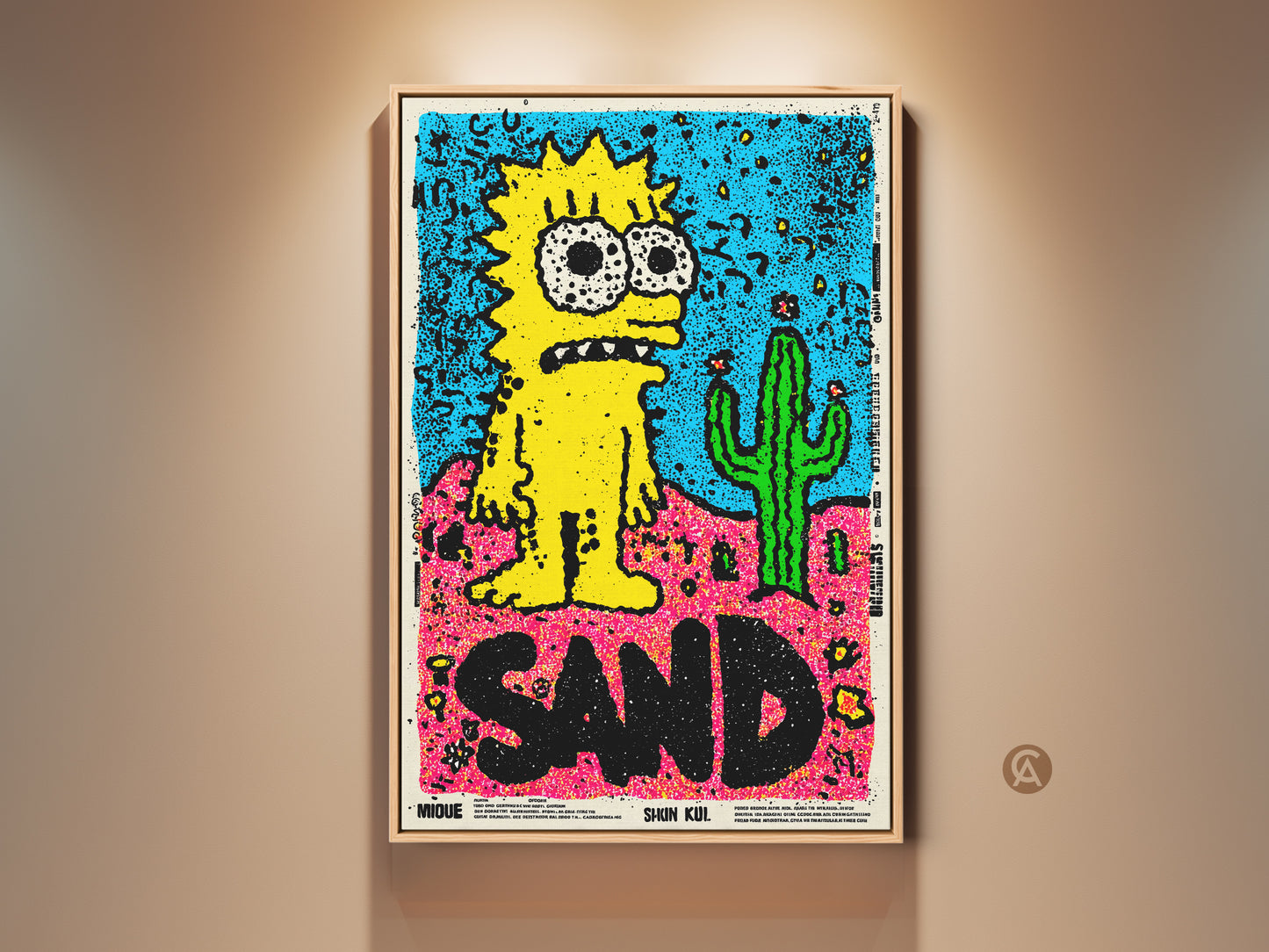 Framed Simpsons Inspired Art Print. This artwork features a yellow cartoon character and a cactus. The art is framed and ready to hang. A unique piece for any art lover.