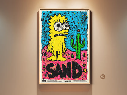 Framed Simpsons Inspired Art Print. This artwork features a yellow cartoon character and a cactus. The art is framed and ready to hang. A unique piece for any art lover.