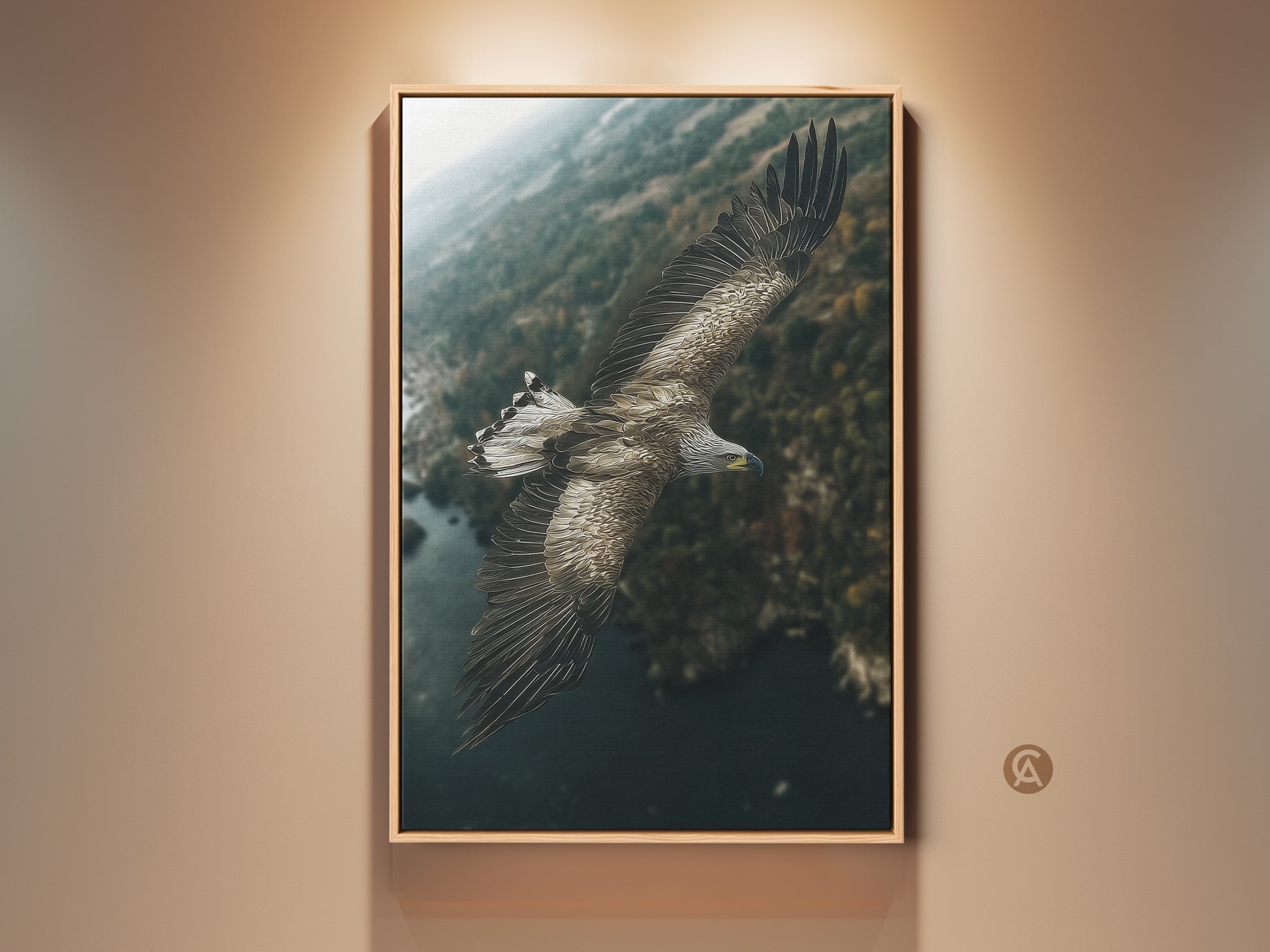 Wildlife canvas art featuring an eagle in flight over a lush forest. This rustic nature print showcases earthy tones. This avian artwork is a perfect birdwatcher birthday gift. The deep teal and forest green palette adds a natural feel to any room.