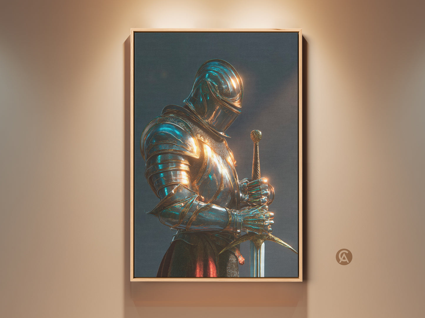 A framed canvas art print of a knight in full armor. The artwork features a blend of teal blue and gold colors. This medieval fantasy wall decor adds a touch of gothic dark academia to any study or office. The regal knight with sword art is a distinguished addition to your space.