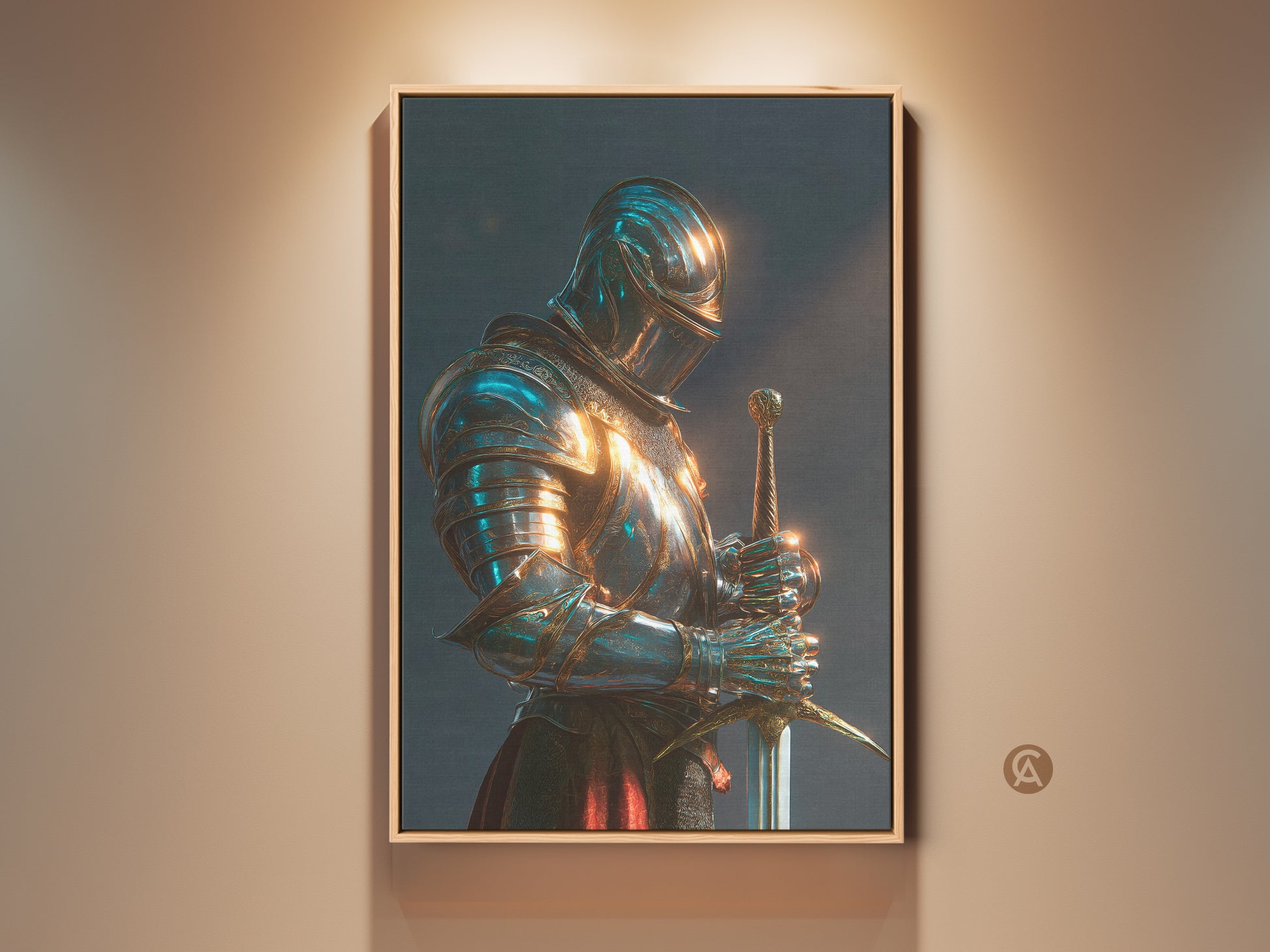 A framed canvas art print of a knight in full armor. The artwork features a blend of teal blue and gold colors. This medieval fantasy wall decor adds a touch of gothic dark academia to any study or office. The regal knight with sword art is a distinguished addition to your space.