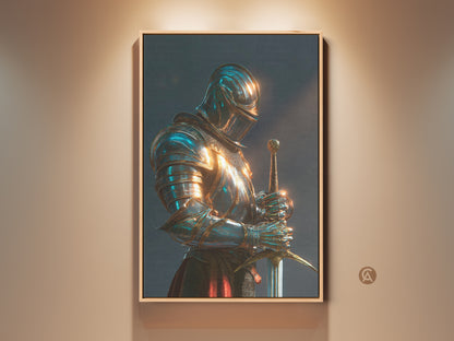 A framed canvas art print of a knight in full armor. The artwork features a blend of teal blue and gold colors. This medieval fantasy wall decor adds a touch of gothic dark academia to any study or office. The regal knight with sword art is a distinguished addition to your space.