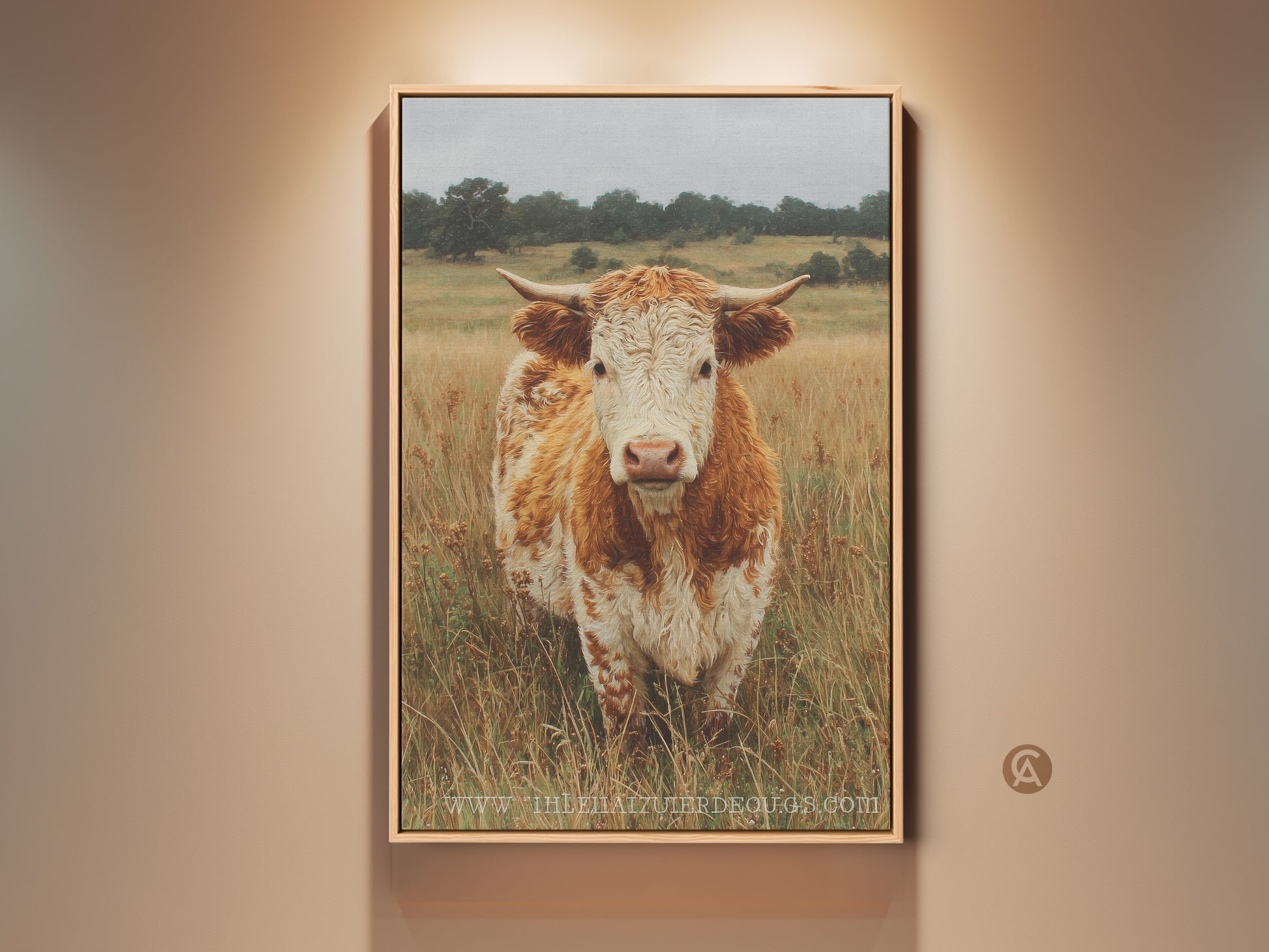This artwork shows a close up portrait of a cow. The animal is standing in a field of tall dry grass. The color palette is mostly neutral with brown and white tones. This animal art is calming and rustic.