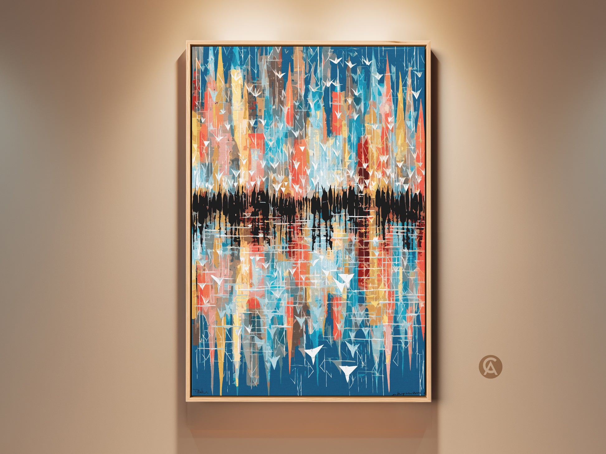 Framed Teal Yellow Orange abstract Canvas art. This modern artwork features a bird and cityscape reflection theme. The vibrant colors bring contemporary style to any room. It's a perfect gift for art lovers enhancing their home decor.