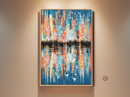 Framed Teal Yellow Orange abstract Canvas art. This modern artwork features a bird and cityscape reflection theme. The vibrant colors bring contemporary style to any room. It's a perfect gift for art lovers enhancing their home decor.