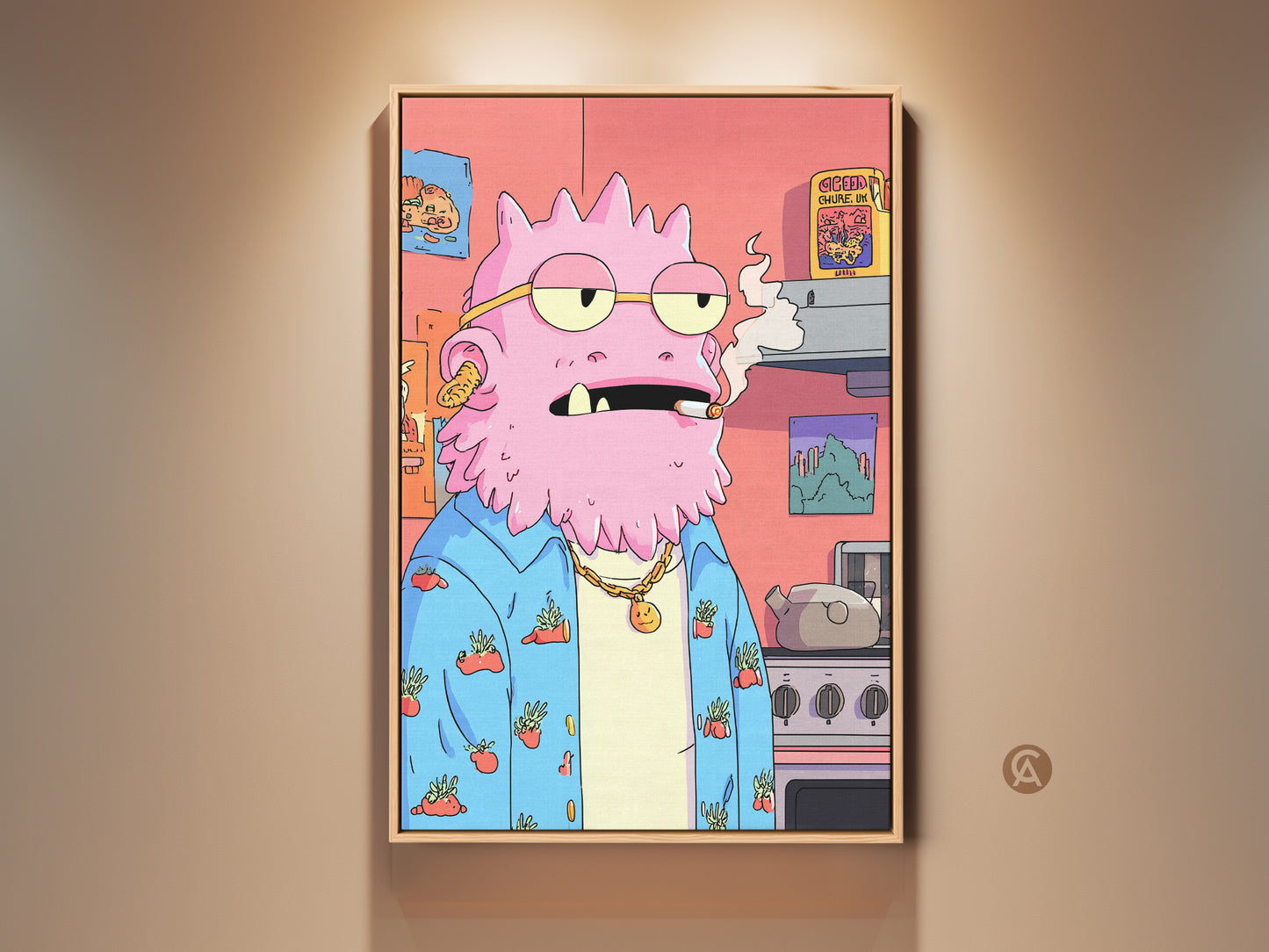 A quirky pink monster art print in a kitchen setting. This surreal character artwork features a funny monster with glasses smoking. It's an eclectic pop culture cartoon poster perfect for unique wall decor and a fun birthday gift idea for art fans.