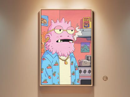 A quirky pink monster art print in a kitchen setting. This surreal character artwork features a funny monster with glasses smoking. It's an eclectic pop culture cartoon poster perfect for unique wall decor and a fun birthday gift idea for art fans.
