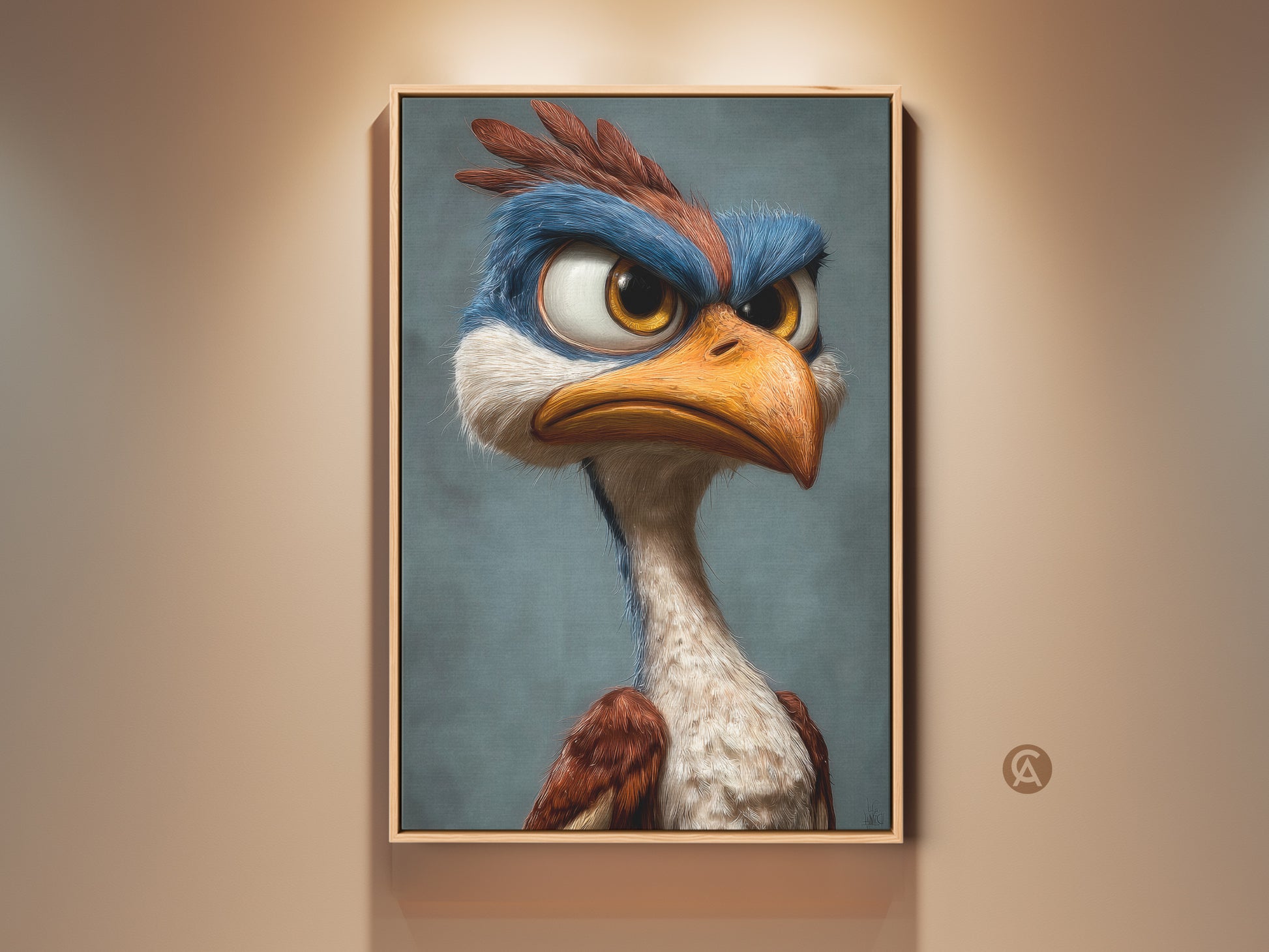 Framed cartoon bird artwork. A whimsical bird with blue and brown feathers and an intense glare. This art piece adds personality to any room. Perfect for kids rooms or a fun office space.