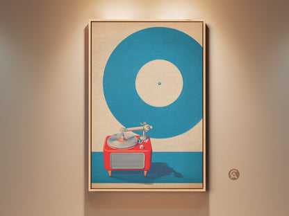 Mid-Century Modern turntable canvas art in teal and red. Retro vinyl record wall decor adds a pop of color. Perfect music poster for a den or a gift for record collectors. The vintage record player art print brings a nostalgic touch. Great for home office music decor or a bachelor pad.