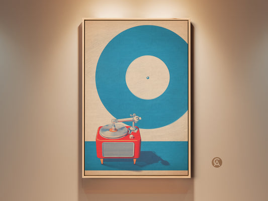 Mid-Century Modern turntable canvas art in teal and red. Retro vinyl record wall decor adds a pop of color. Perfect music poster for a den or a gift for record collectors. The vintage record player art print brings a nostalgic touch. Great for home office music decor or a bachelor pad.