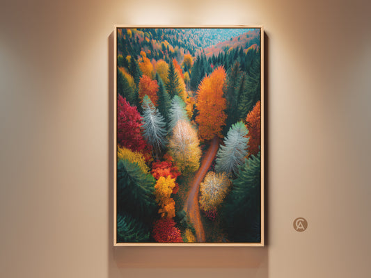 Framed forest art print. This fall landscape artwork features a colorful aerial view of trees. The fine art print is displayed in a wood frame. Perfect wall decor to bring nature indoors.