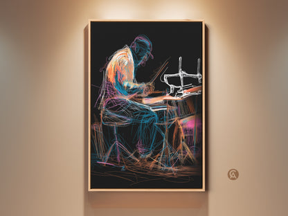 Abstract drummer line artwork print. The artwork captures a musician in action. Orange blue and teal hues create an eclectic music lover gift. Perfect studio or office wall art for dynamic and colorful decor.