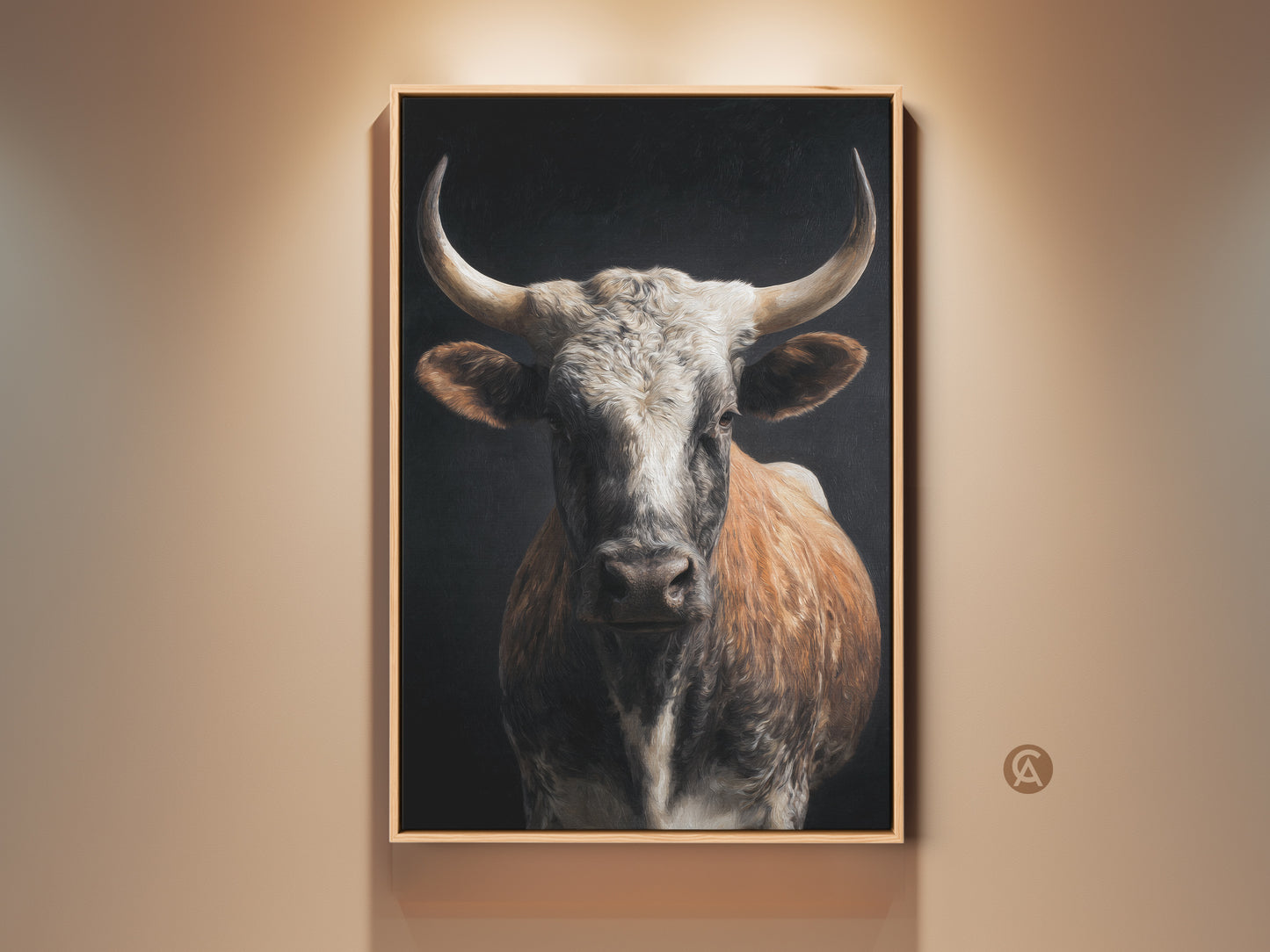 Realistic bull canvas art print in a rustic wood frame. The tan white and brown tones of the bull's portrait add farmhouse charm. Perfect as country style home decor. This animal painting creates a cozy dining room or living room focal point. A wonderful housewarming gift for an animal lover.