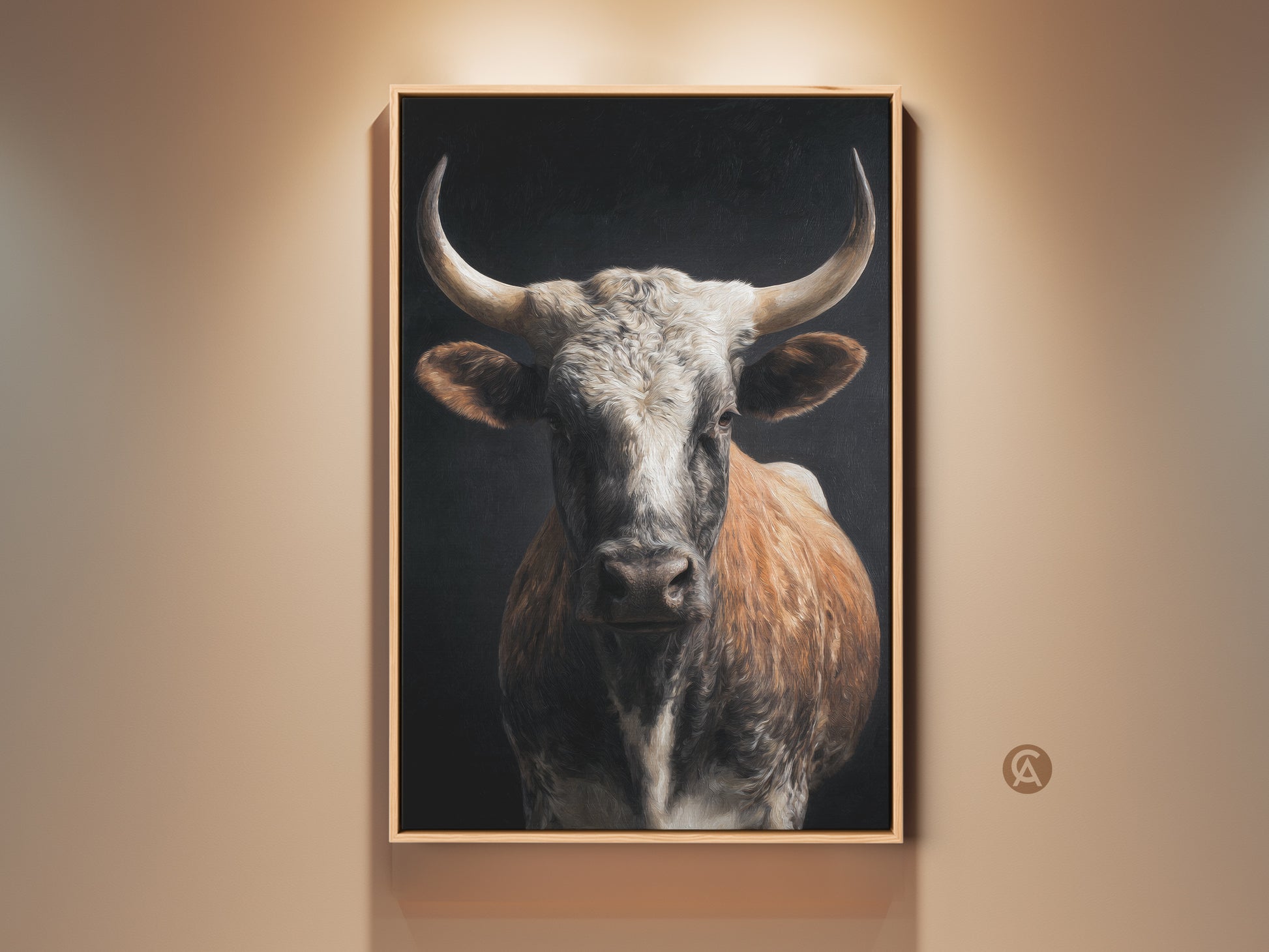 Realistic bull canvas art print in a rustic wood frame. The tan white and brown tones of the bull's portrait add farmhouse charm. Perfect as country style home decor. This animal painting creates a cozy dining room or living room focal point. A wonderful housewarming gift for an animal lover.