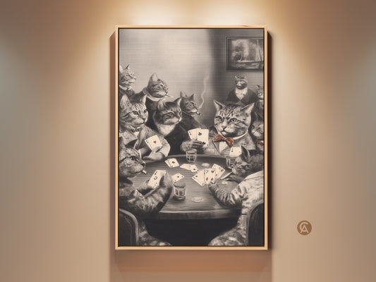 Black and white canvas art features cats playing poker. This vintage style animal print adds retro humor to your space. It's a unique gift for card lovers. Perfect for office wall decor or a man cave. The cats smoking art brings an eclectic touch.