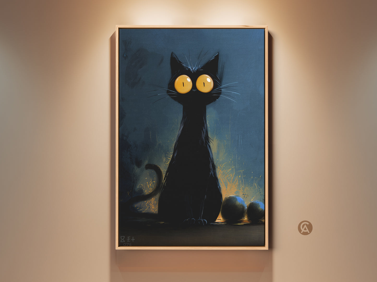 A captivating Halloween black cat art print. The gothic wall decor features a black cat with striking yellow eyes. The dark blue background creates an eclectic home accent. It's a great gift for cat lovers.