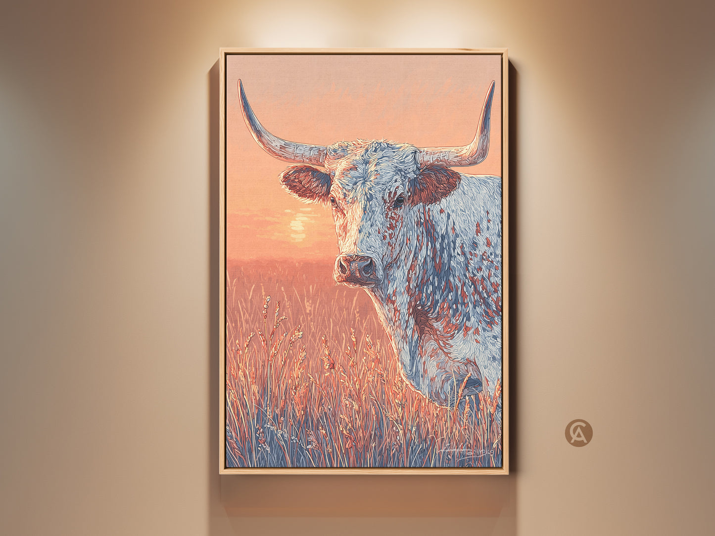 Close-up of a longhorn painting. The artwork is framed and hanging on a wall. The painting is of a longhorn in a field. The colors are warm and inviting. A great piece for western art collectors.